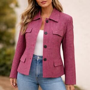 Vintage 90s Jones Wear Women's 12P Pink Houndstooth Blazer Jacket USA Made
